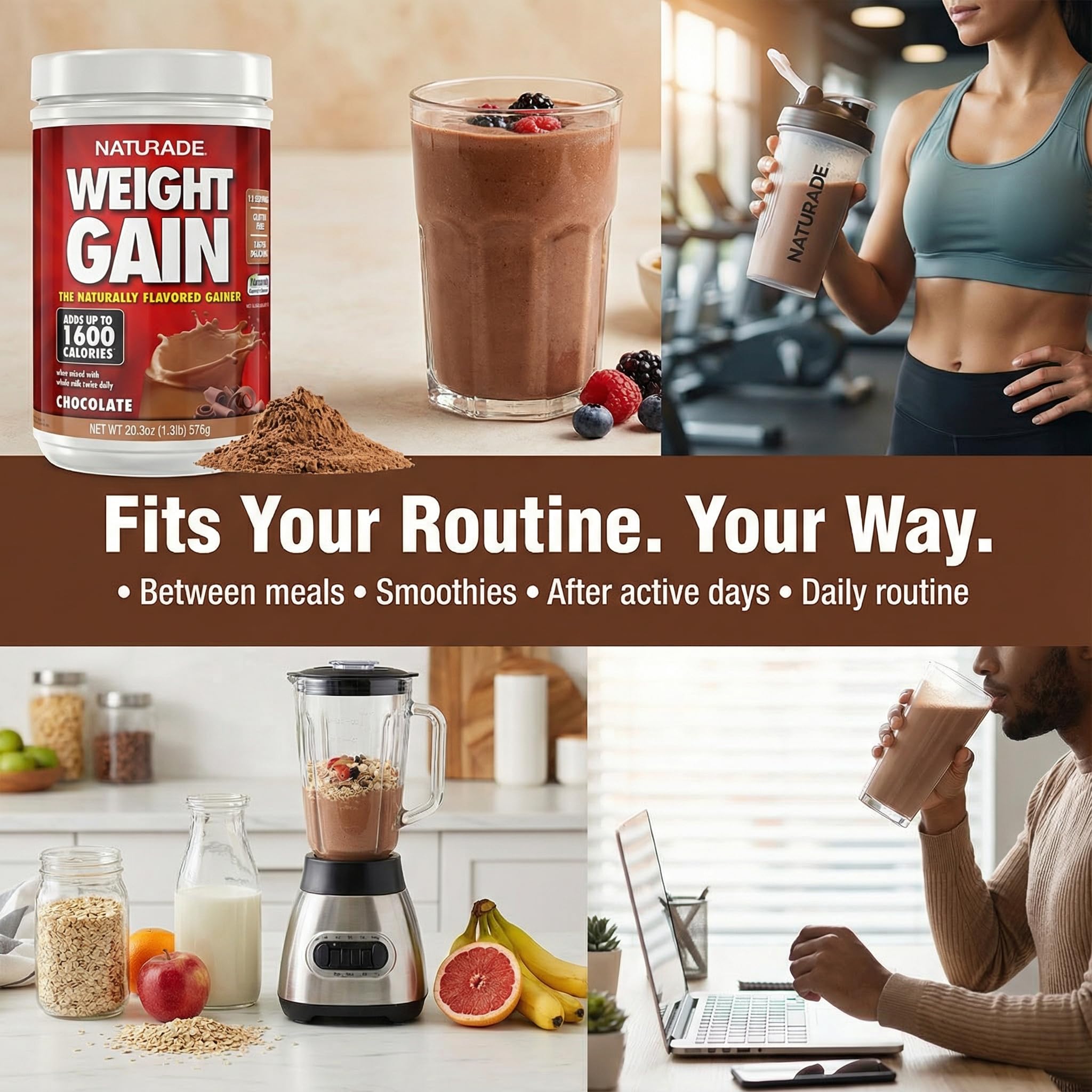 Naturade Weight Gain scoop beside the tub for easy measuring.