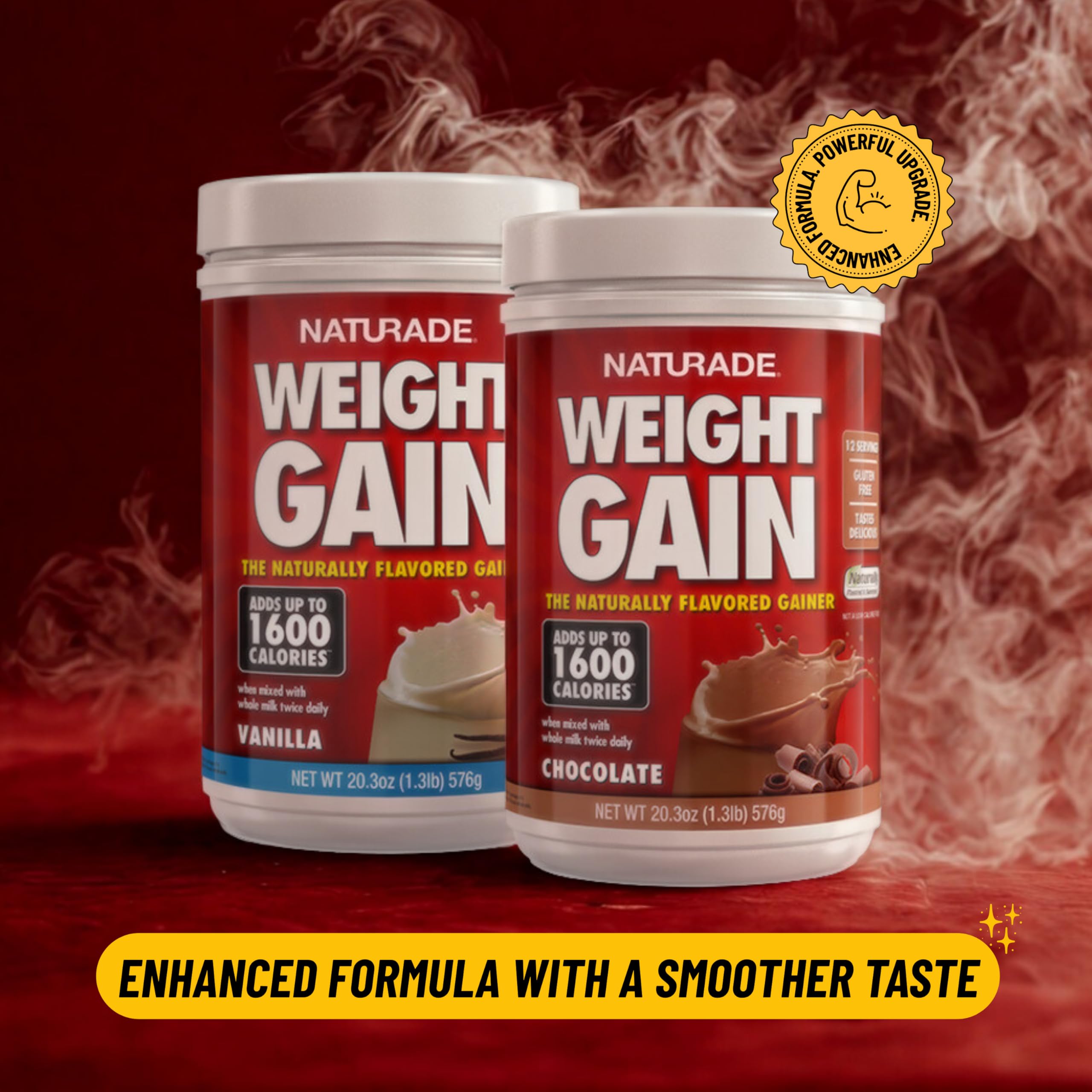 Naturade weight gain scoop dispersing powder emphasizes easy portion control.