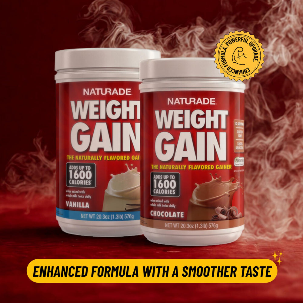 Naturade weight gain scoop dispersing powder emphasizes easy portion control.