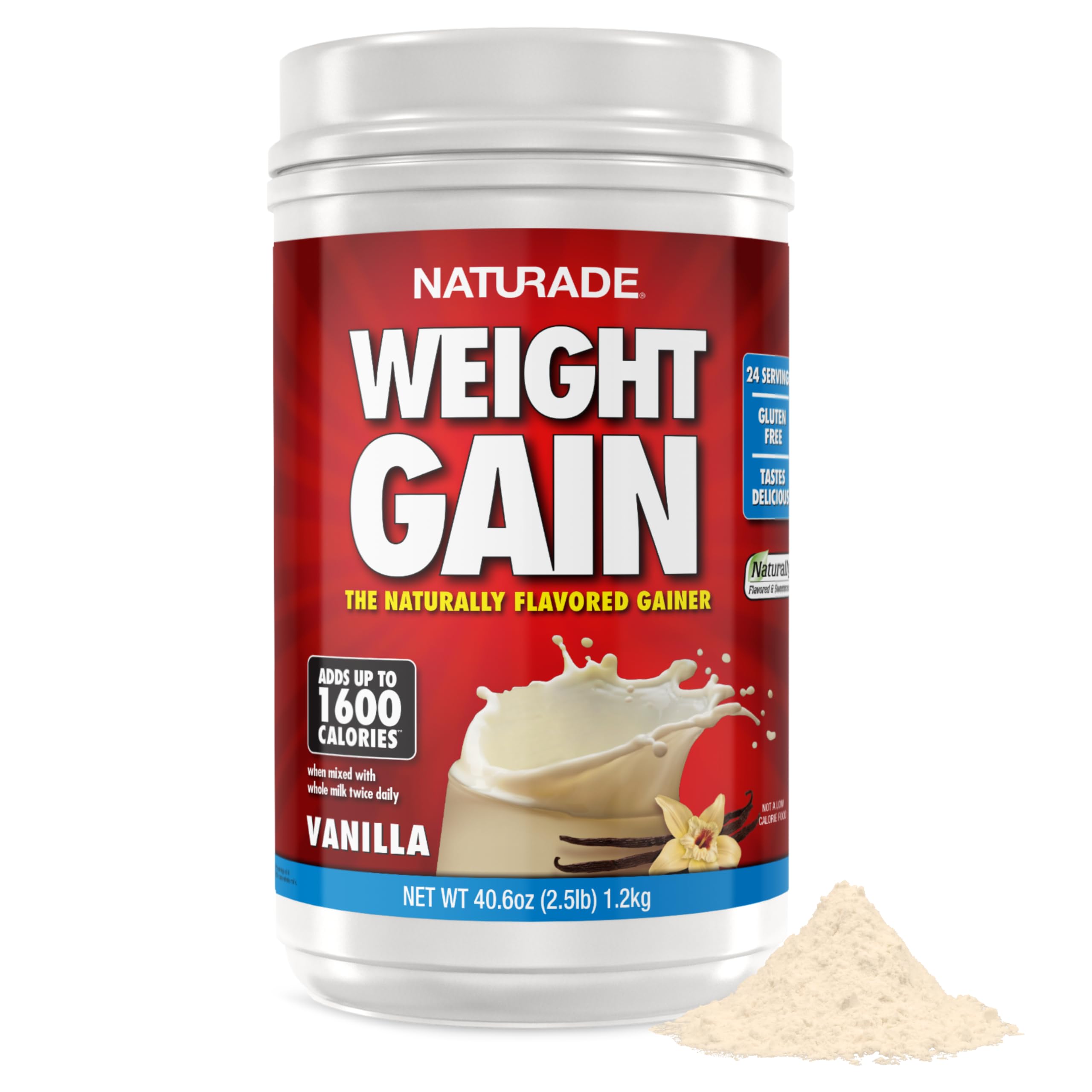 Naturade weight gain vanilla tub label shows full ingredients for trusted nutrition.