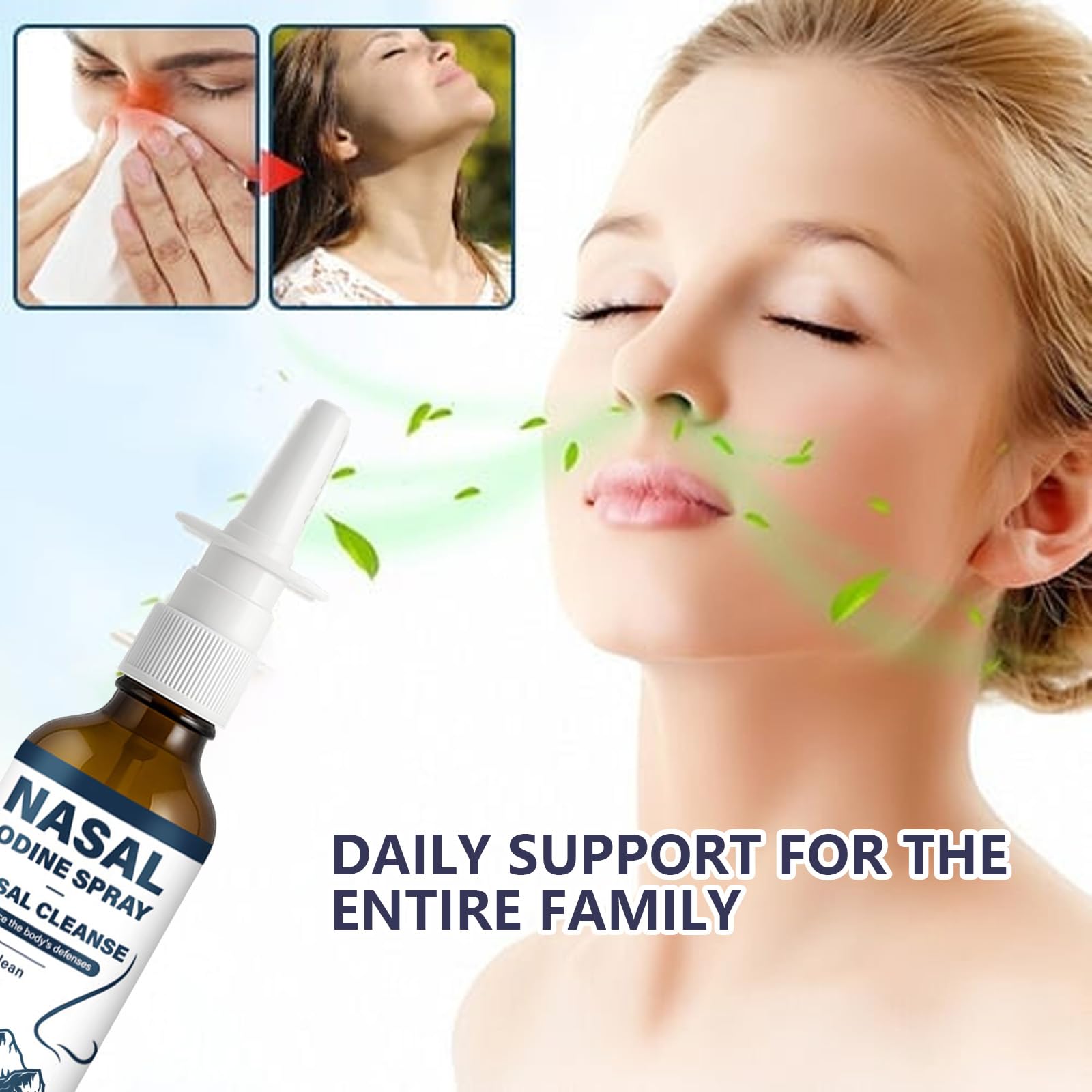 Natura Derm iodine nasal spray nozzle shows quick two-spray application.