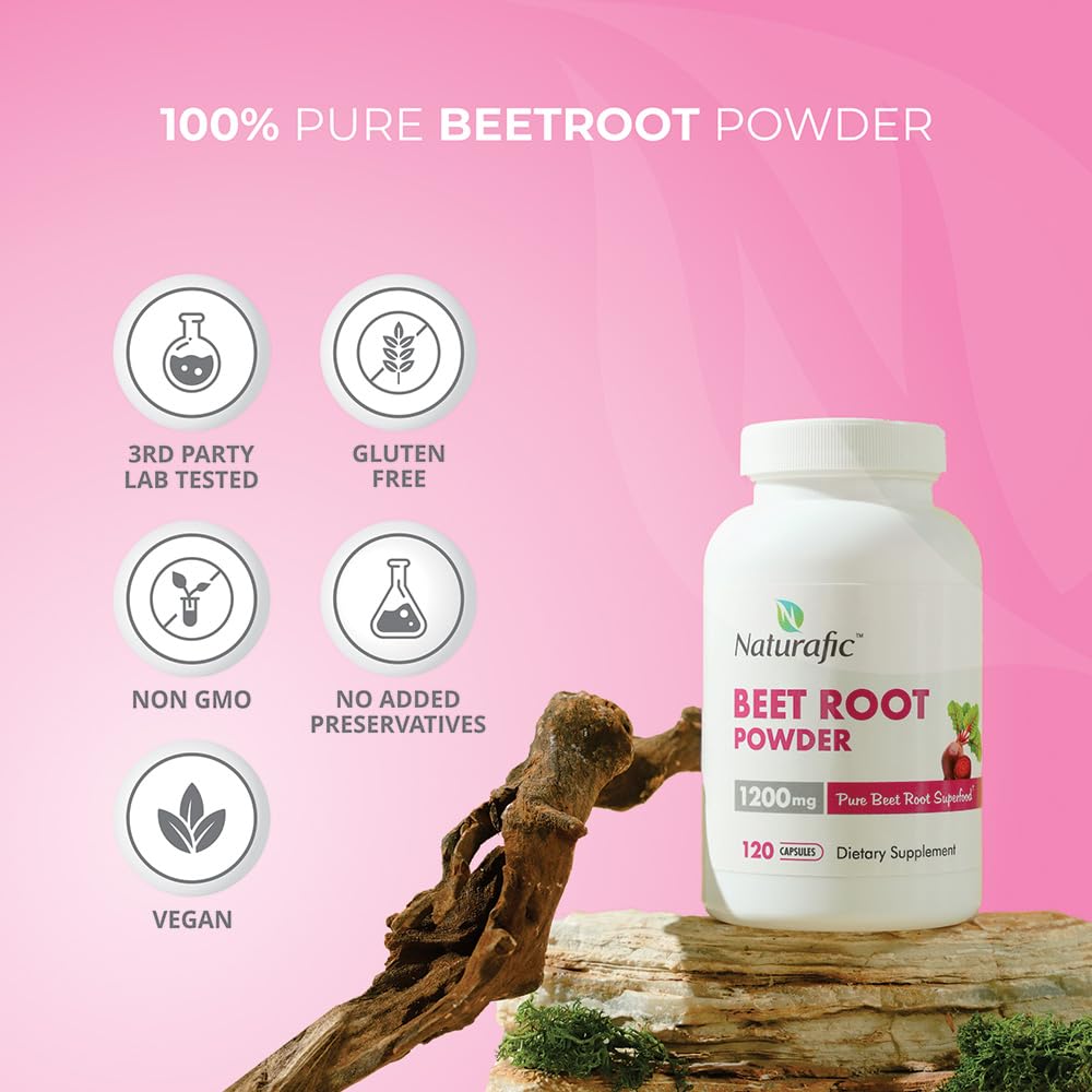 Naturafic Beetroot Capsules bottle close-up showing 1200mg beetroot powder.