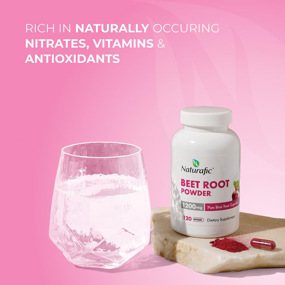 Naturafic Beetroot Capsules contents display vegan capsules for clean plant-based nutrition.