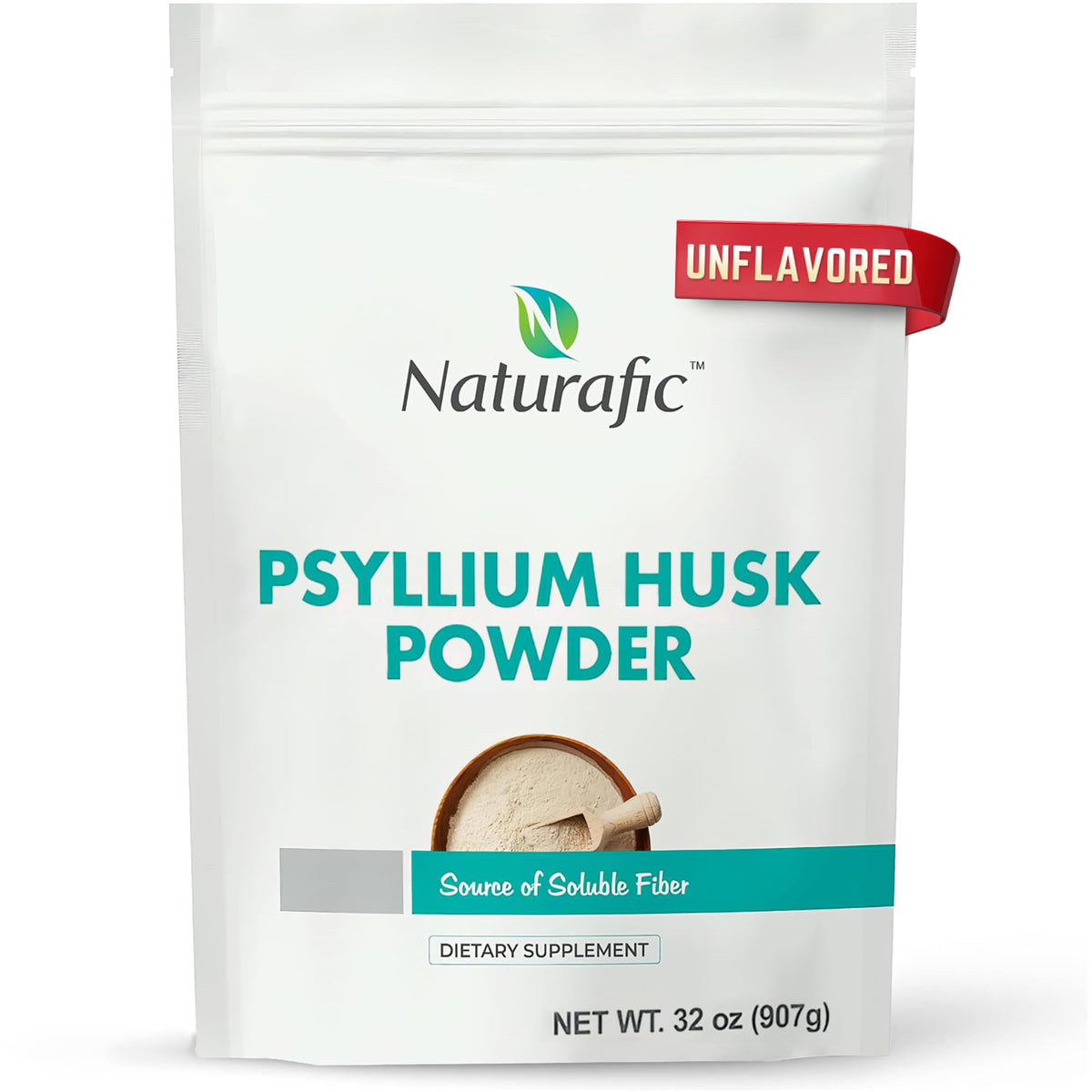 Naturafic Psyllium Husk Powder bottle on kitchen counter highlighting gut health support