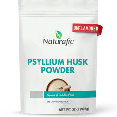 Naturafic Psyllium Husk Powder bottle on kitchen counter highlighting gut health support
