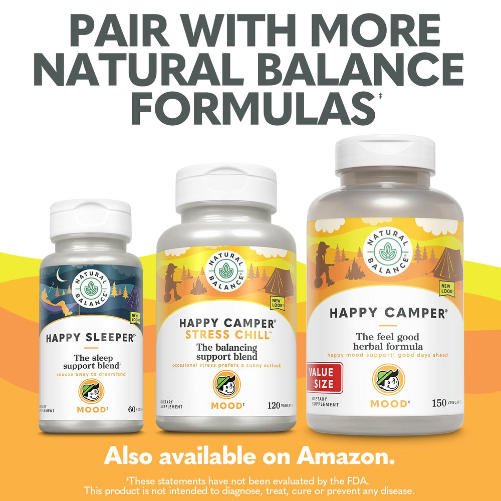 Natural Balance Happy Camper packaging shows the 60-day guarantee and quality.