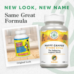 Close-up of Natural Balance Happy Camper capsules for daily relaxation support