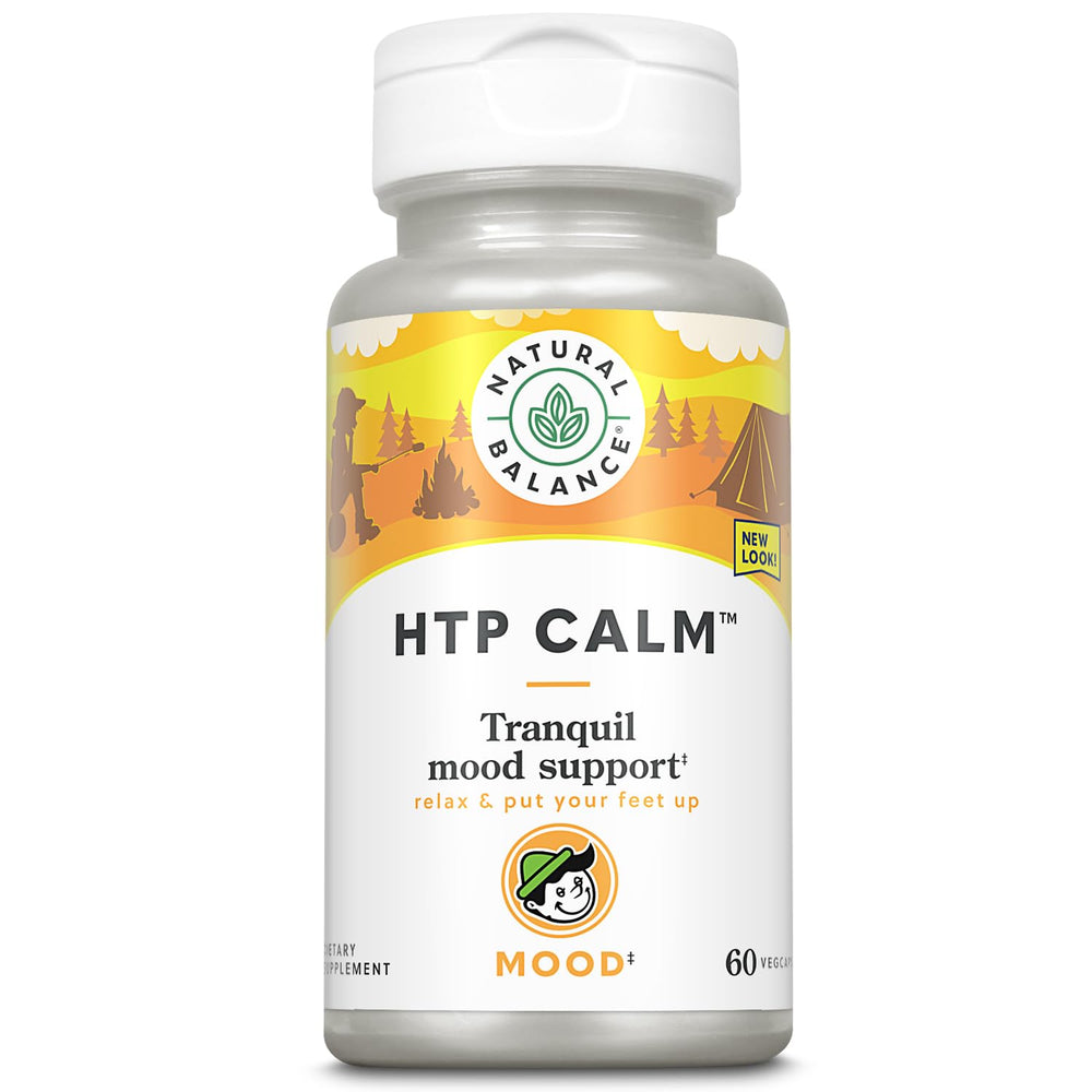Natural Balance HTP Calm bottle and capsules for mood support and relaxation.
