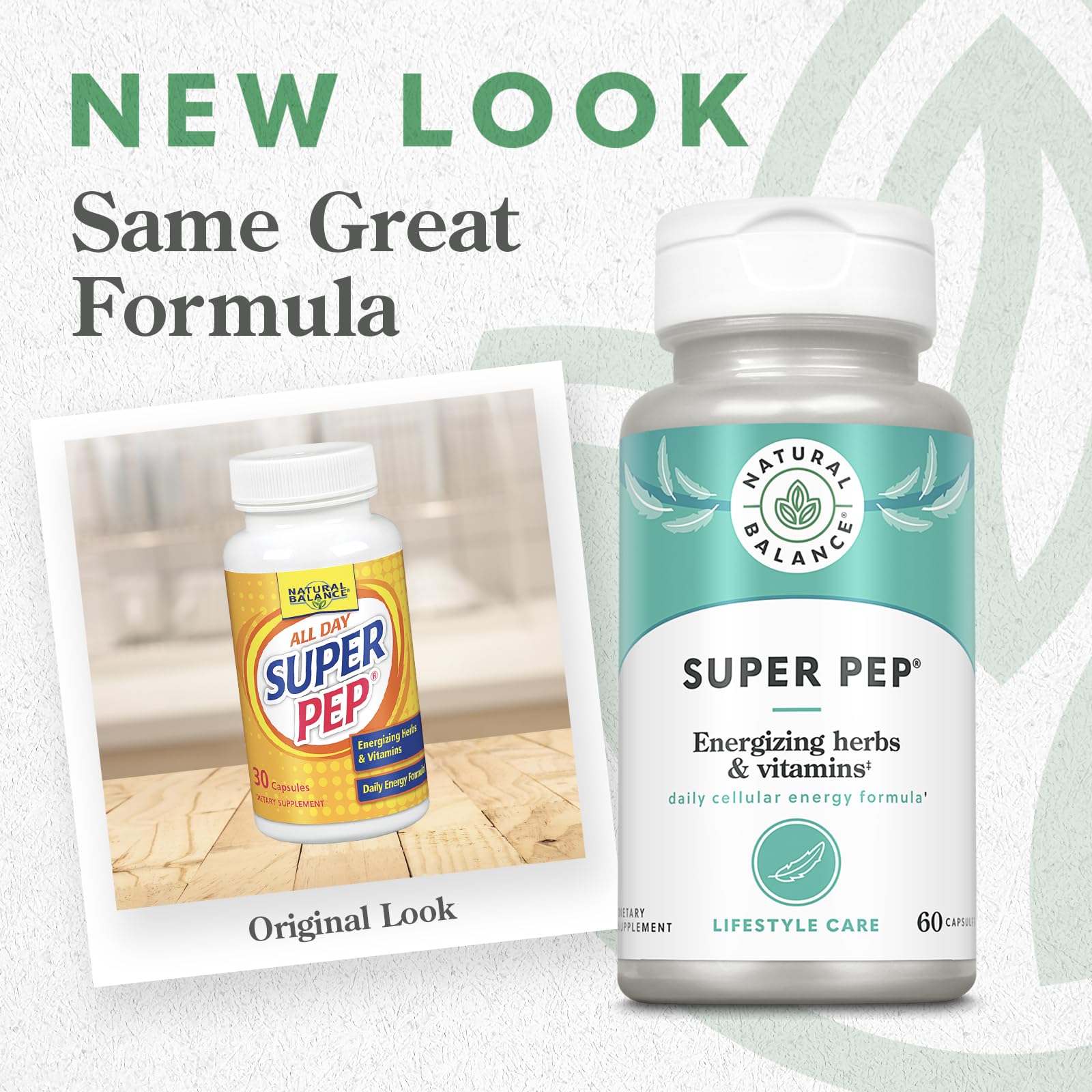 Natural Balance Super Pep capsules closeup emphasizing vegetarian formula for daily support.