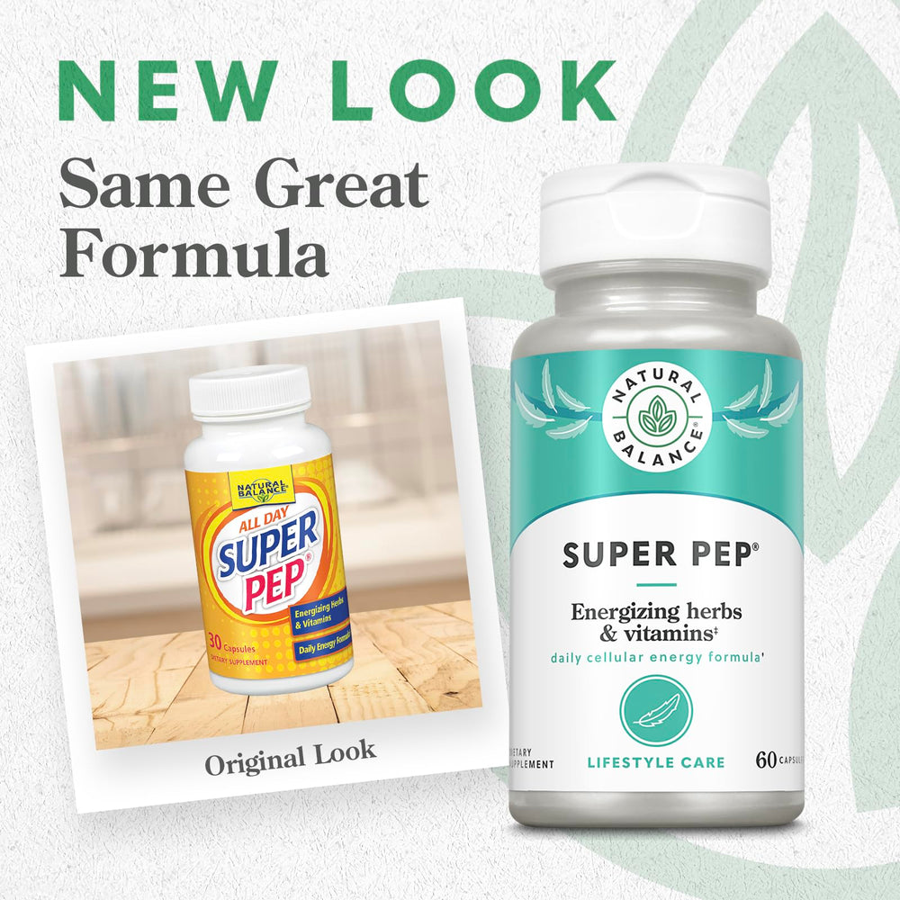 Natural Balance Super Pep capsules closeup emphasizing vegetarian formula for daily support.