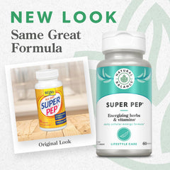 Natural Balance Super Pep capsules closeup emphasizing vegetarian formula for daily support.