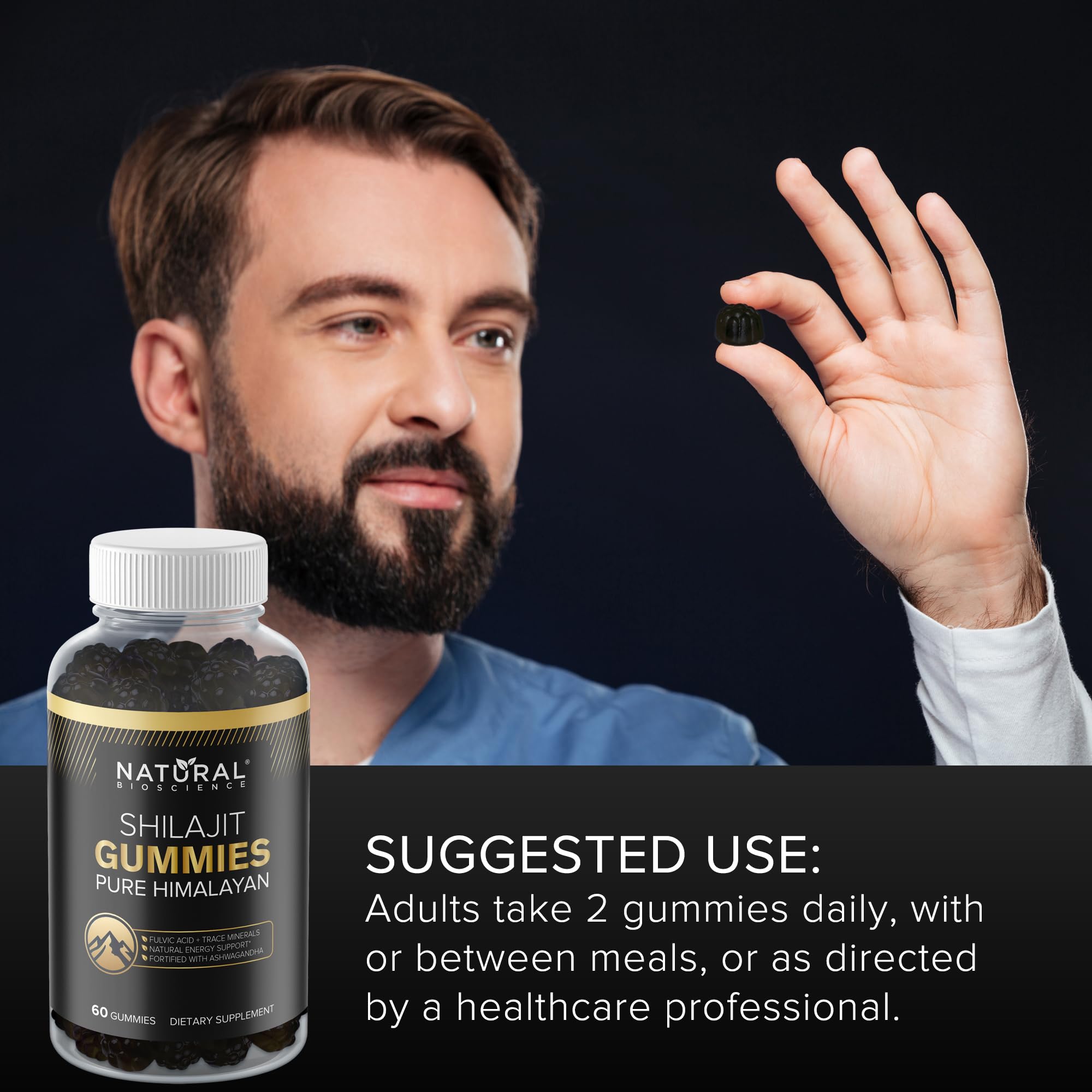 Natural BioScience Himalayan Shilajit gummies with wellness routine imagery.