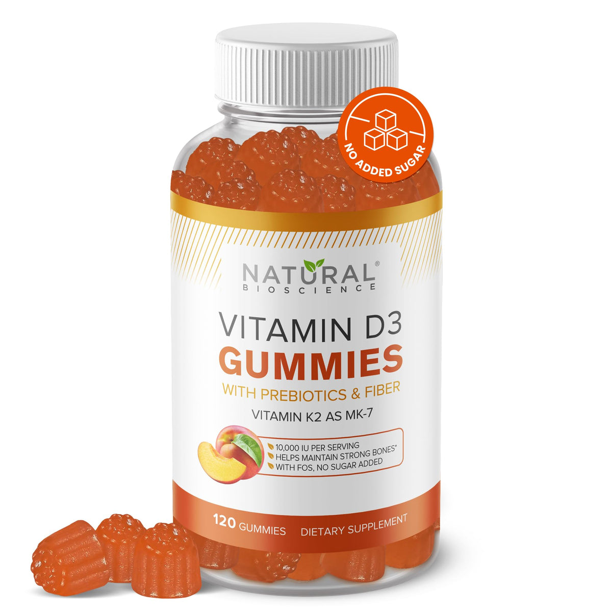 Natural BioScience Vitamin D3 K2 gummy bottle on table supports bone health