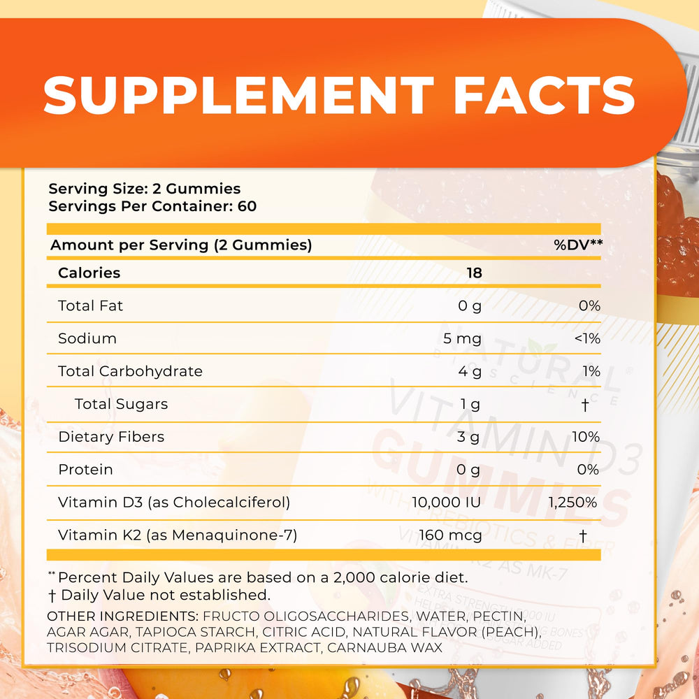Natural BioScience Vitamin D3 K2 gummy label highlights high absorption potential