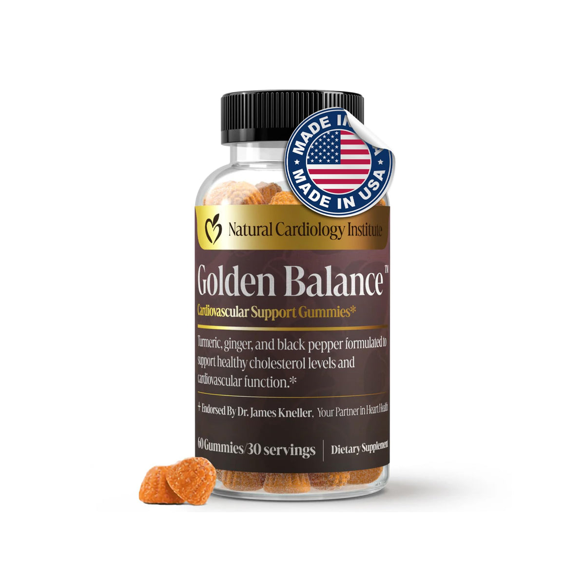 Natural Cardiology Institute Golden Balance gummies bottle on counter for daily wellness.