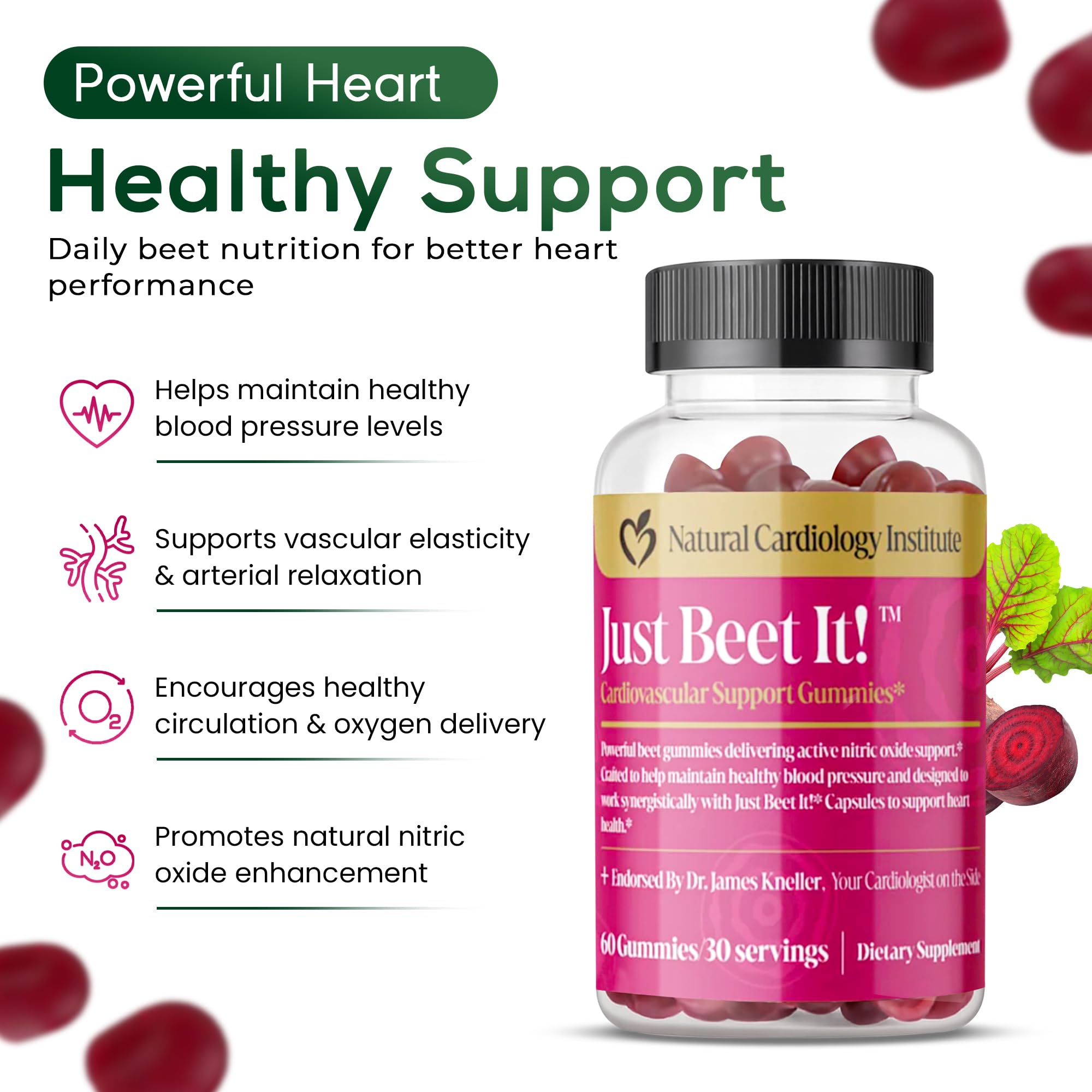 Closeup of Just Beet It gummies highlighting beet root benefits and easy daily use