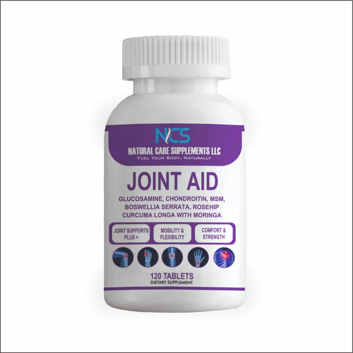 Natural Care Supplements Joint Aid bottle label highlighting glucosamine blend for daily joint support.