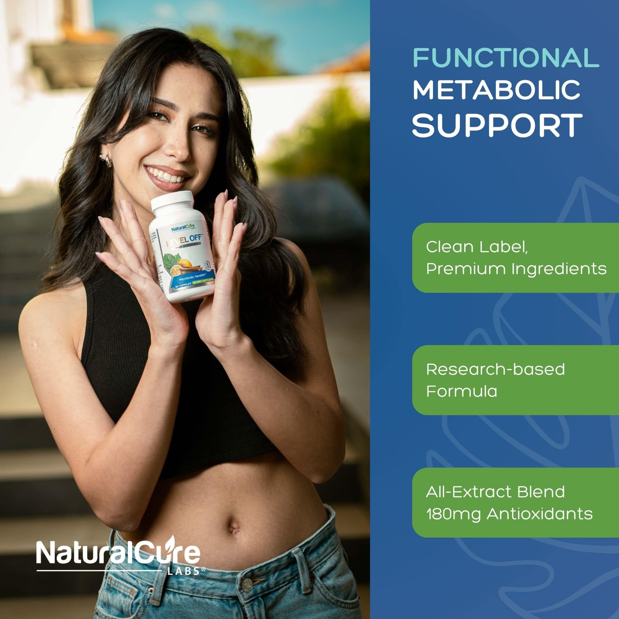 Natural Cure Labs Level Off capsules on table illustrating 60 servings per bottle