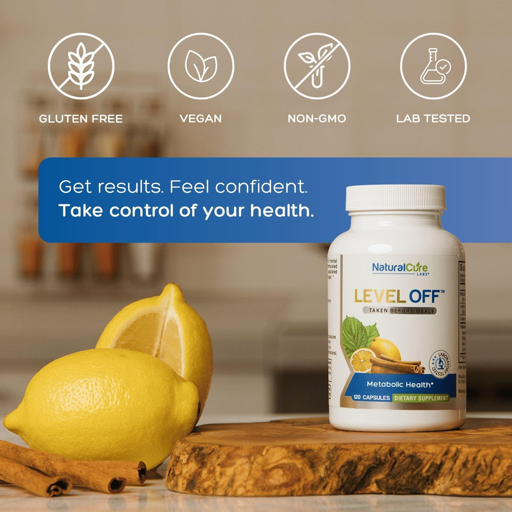 Natural Cure Labs Level Off packaging hero with 120 capsules and vegan label