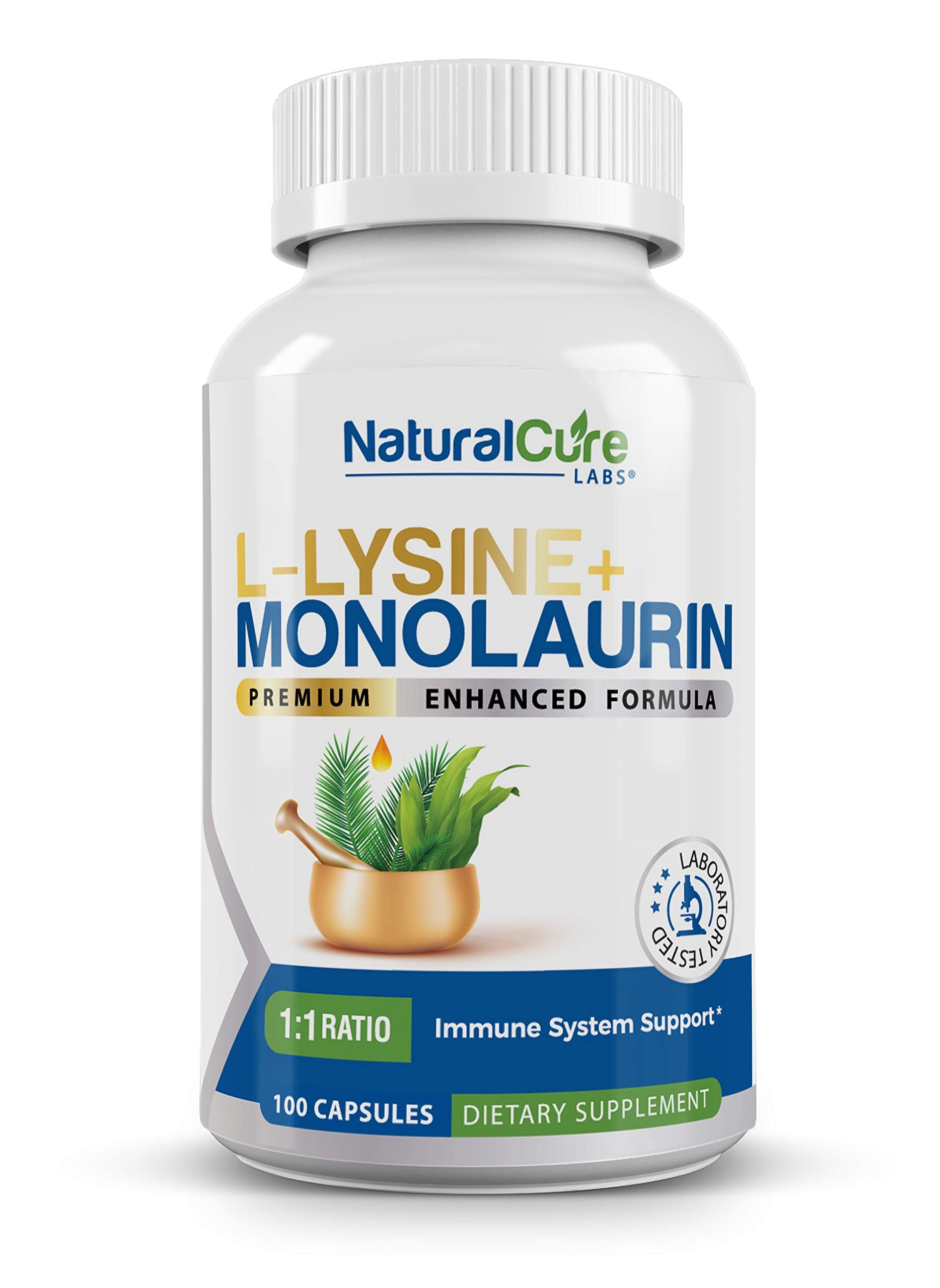Natural Cure Labs L-Lysine + Monolaurin bottle highlighting 600mg per serving for daily support.