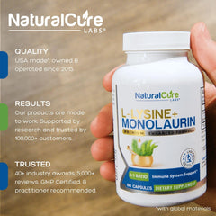 Label close-up shows 1:1 ratio and serving size from Natural Cure Labs.