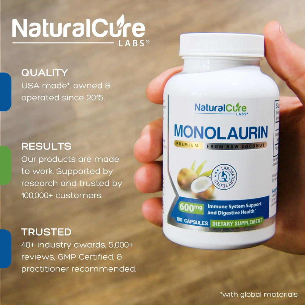 Natural Cure Labs Monolaurin bottle front view for convenient supplementation.