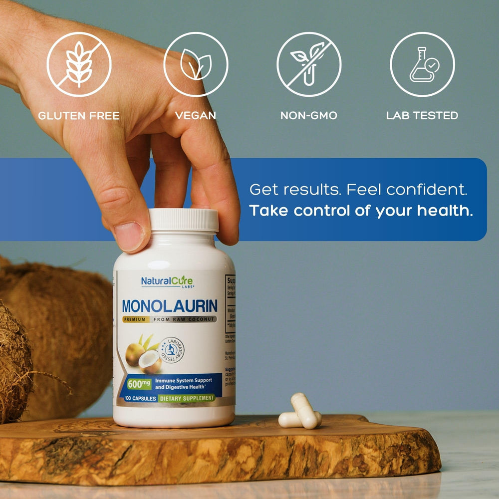 Natural Cure Labs Monolaurin capsules closeup showing vegan, gluten-free formula.