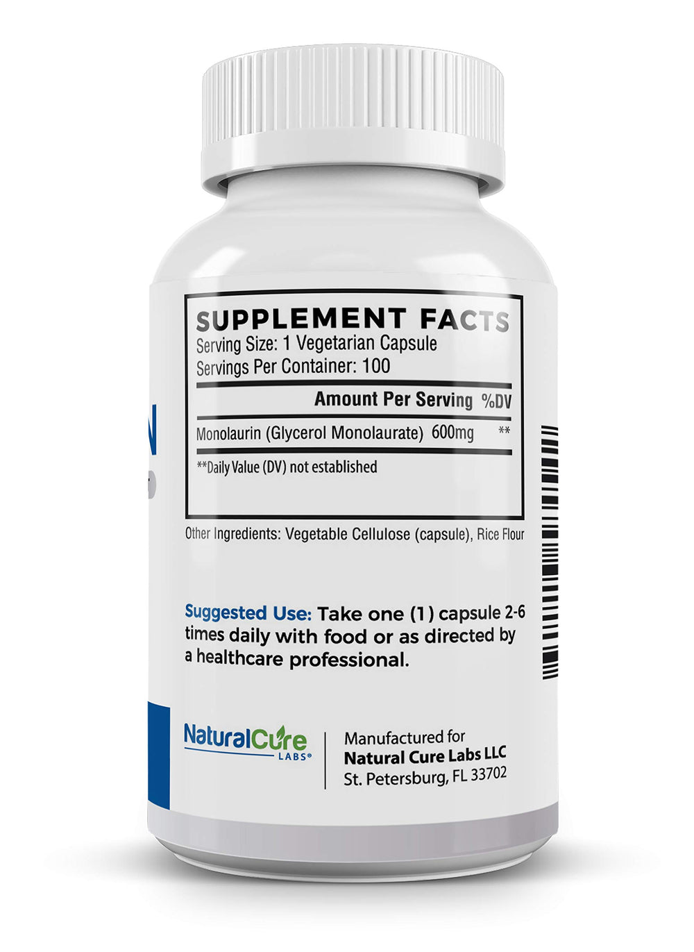 Natural Cure Labs Monolaurin capsules on table ready for use.