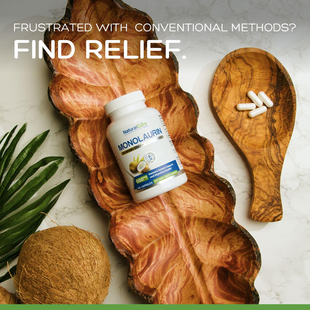 Natural Cure Labs Monolaurin vegan non-gmo certification visible on packaging.