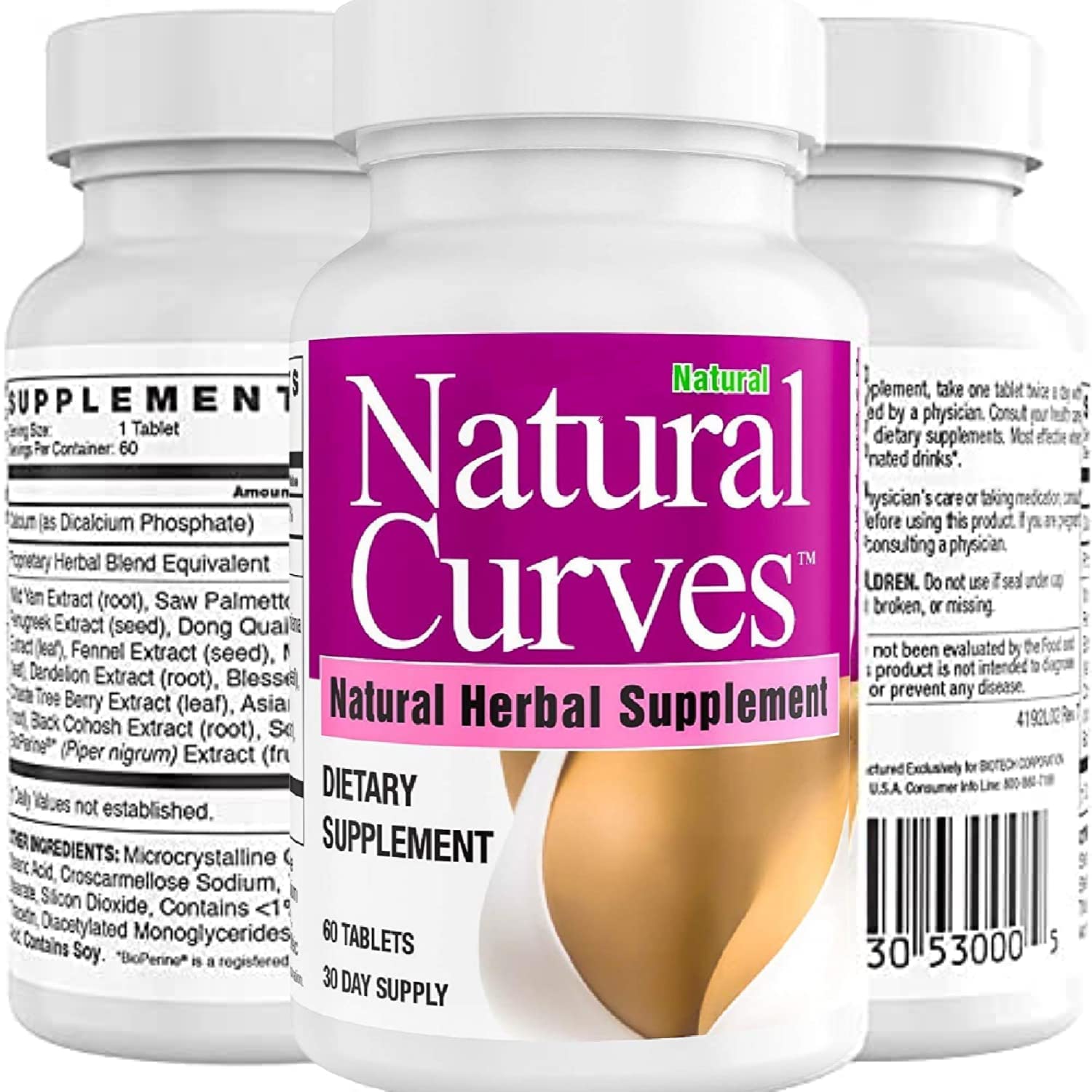 Natural Curves label close-up highlights plant-based formula for balance