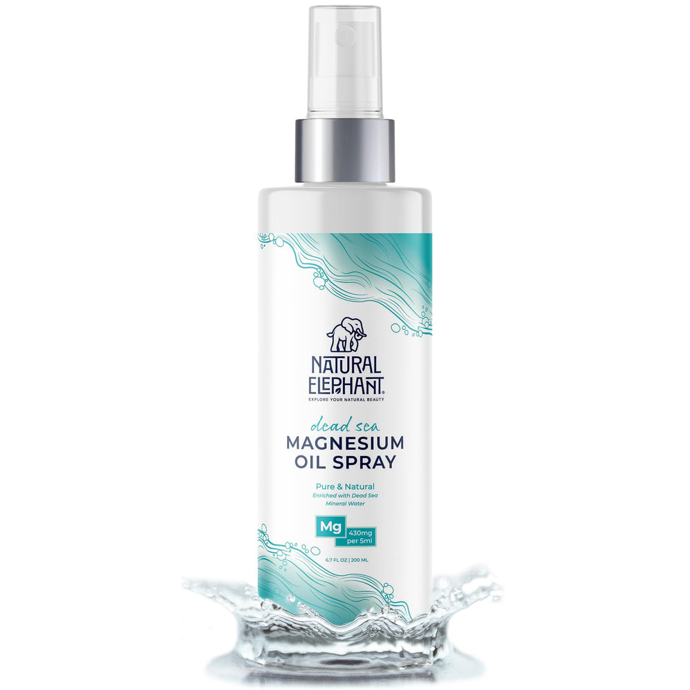 Natural Elephant Dead Sea Magnesium Oil Spray bottle front shows clean, mineral-rich formula.
