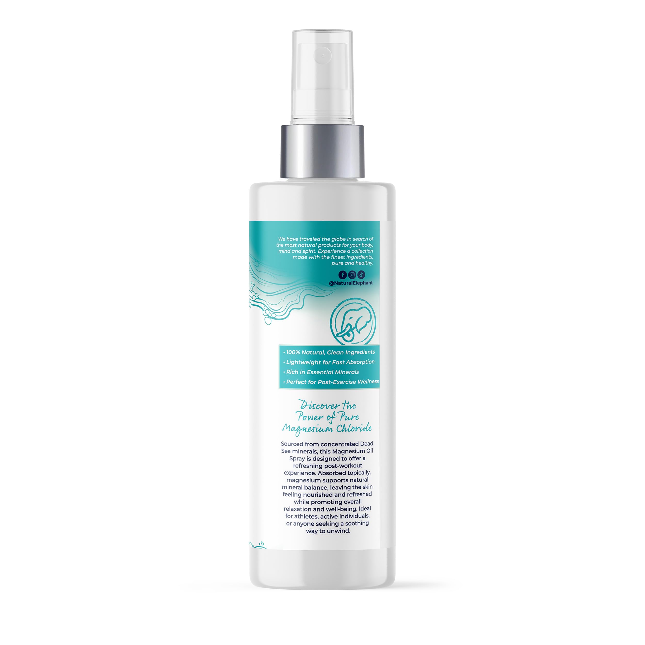 Natural Elephant Dead Sea Magnesium Oil Spray outdoor-use friendly for travel and workouts.