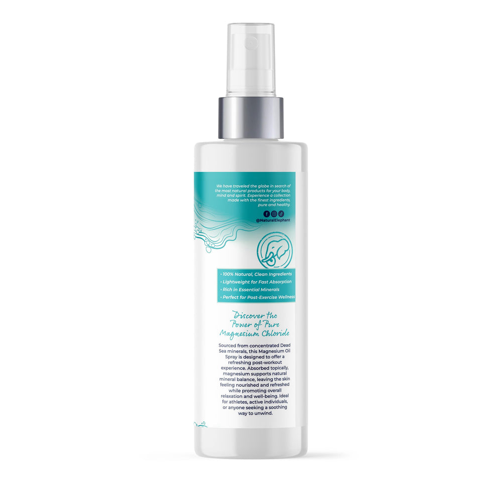 Natural Elephant Dead Sea Magnesium Oil Spray outdoor-use friendly for travel and workouts.