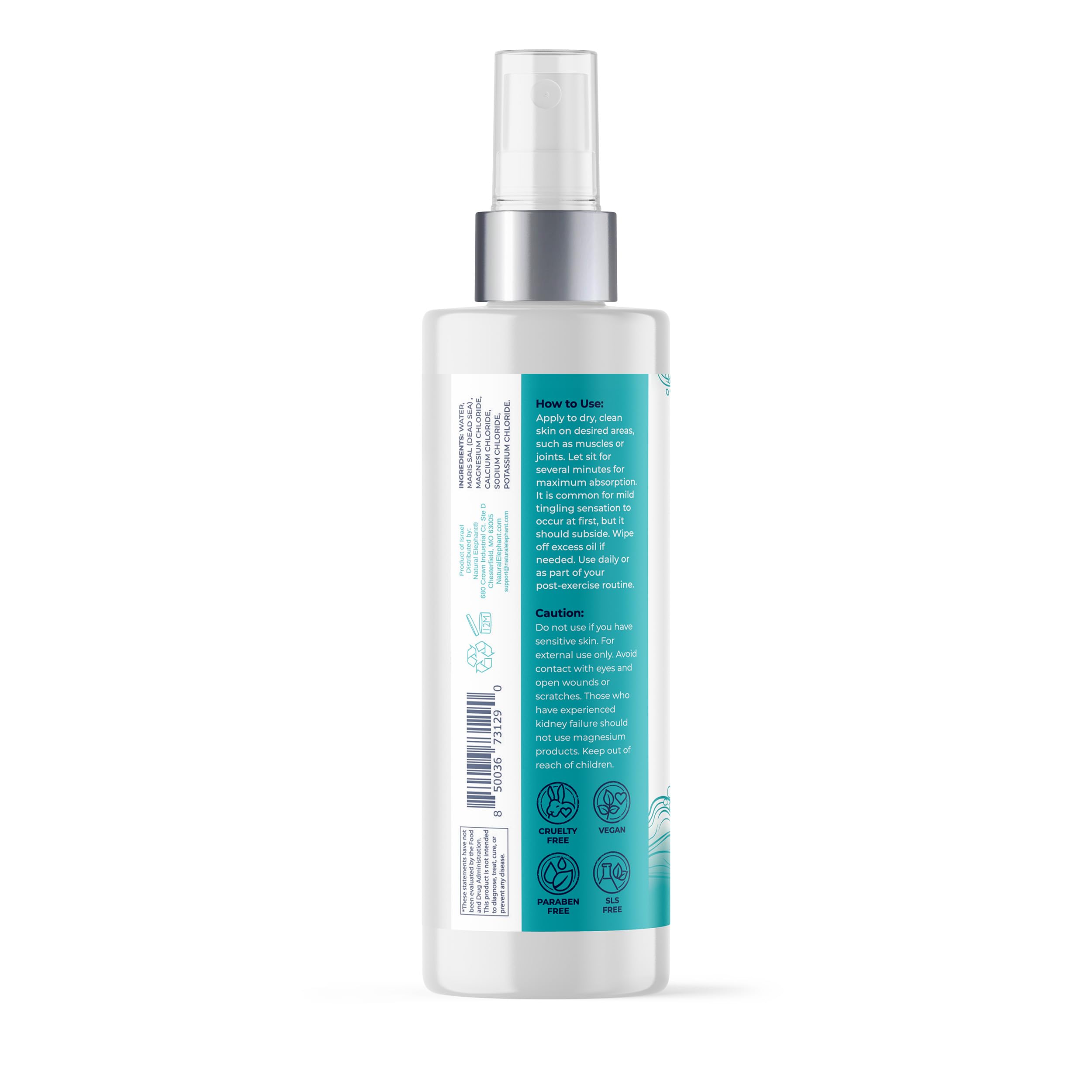 Natural Elephant Dead Sea Magnesium Oil Spray packaging box highlights size and purity.