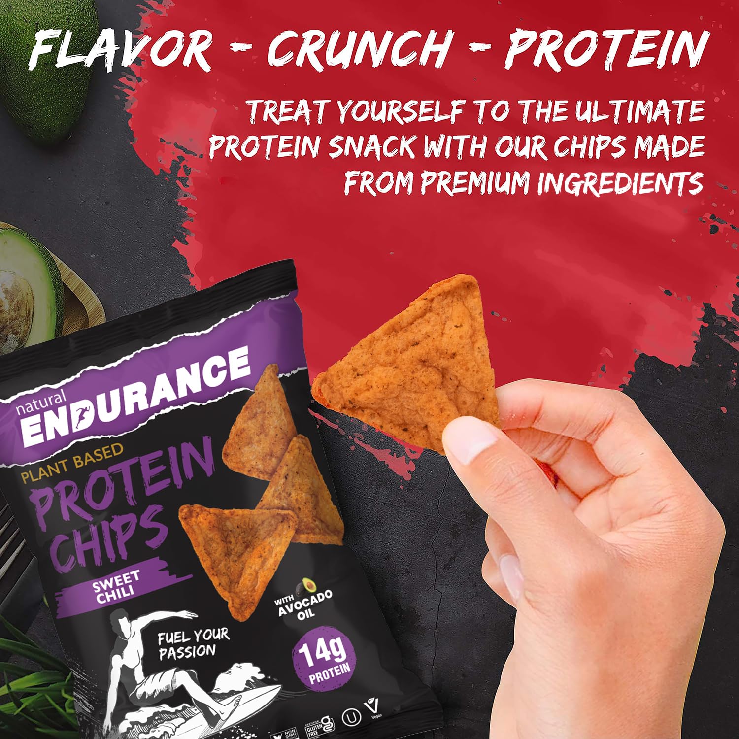 Close-up of Natural Endurance crunchy chips for hiking and workouts