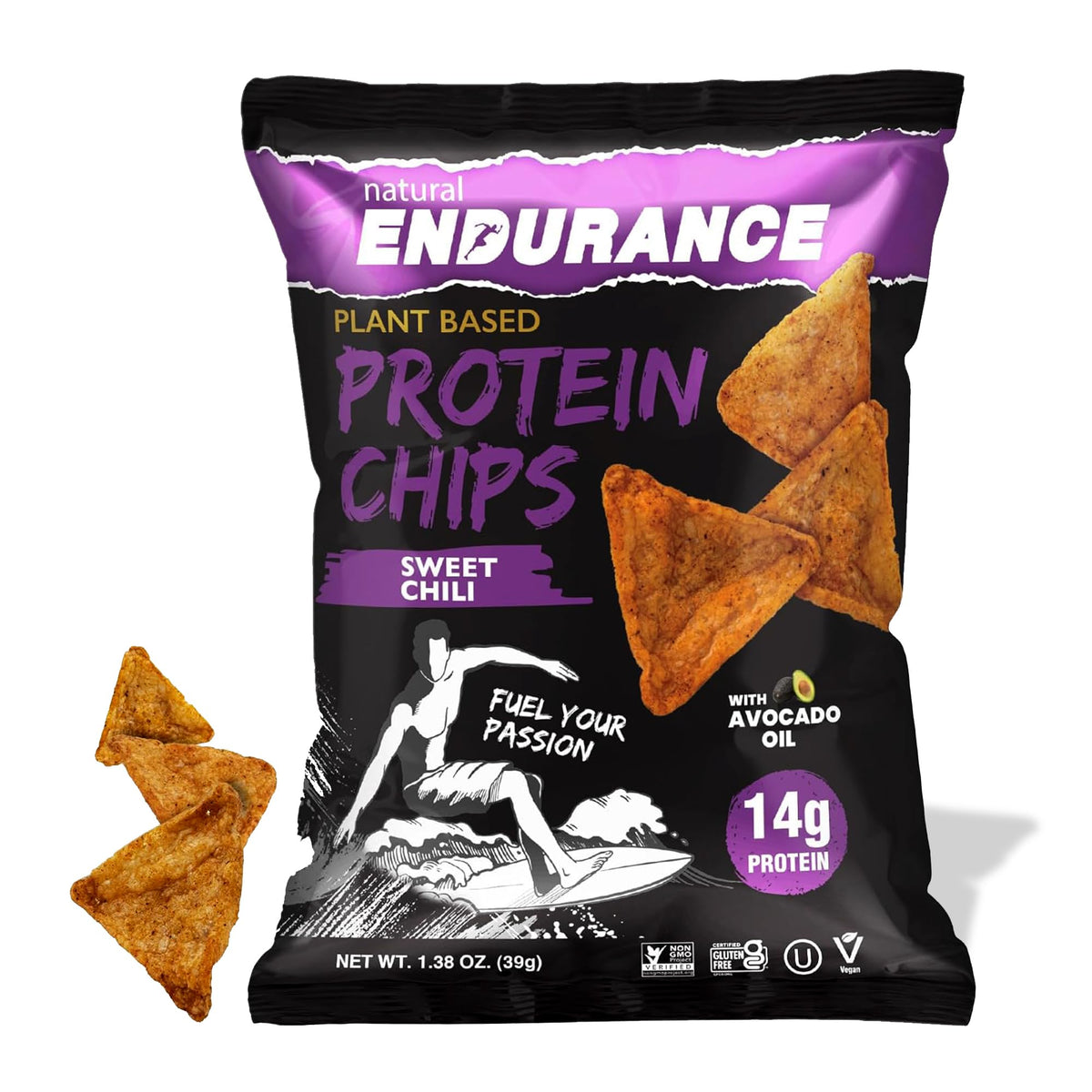 Natural Endurance Sweet Chili chips bag close-up for on the go protein snacking