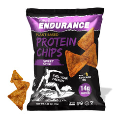 Natural Endurance Sweet Chili chips bag close-up for on the go protein snacking