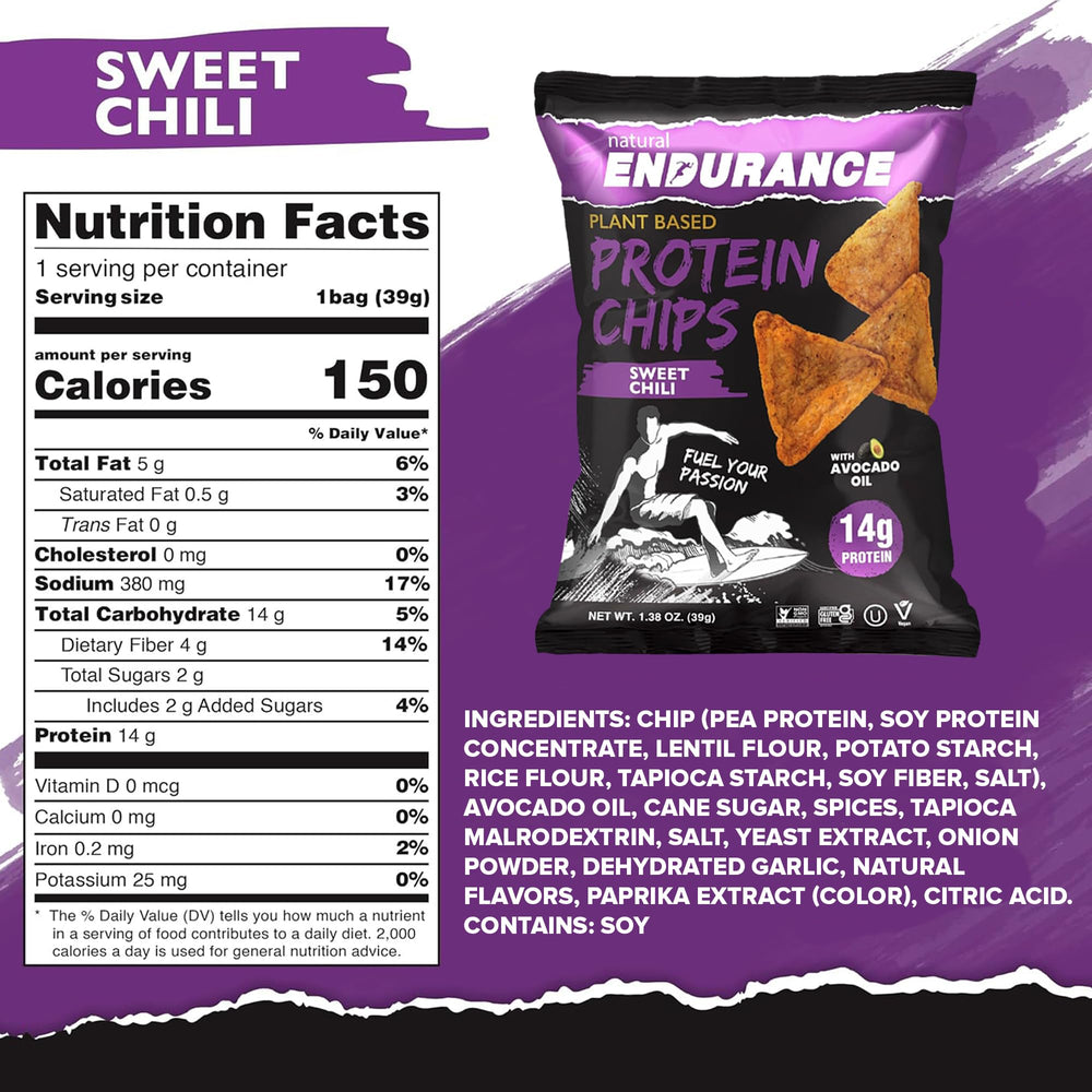 Display of Natural Endurance Sweet Chili chips showing 12-pack option