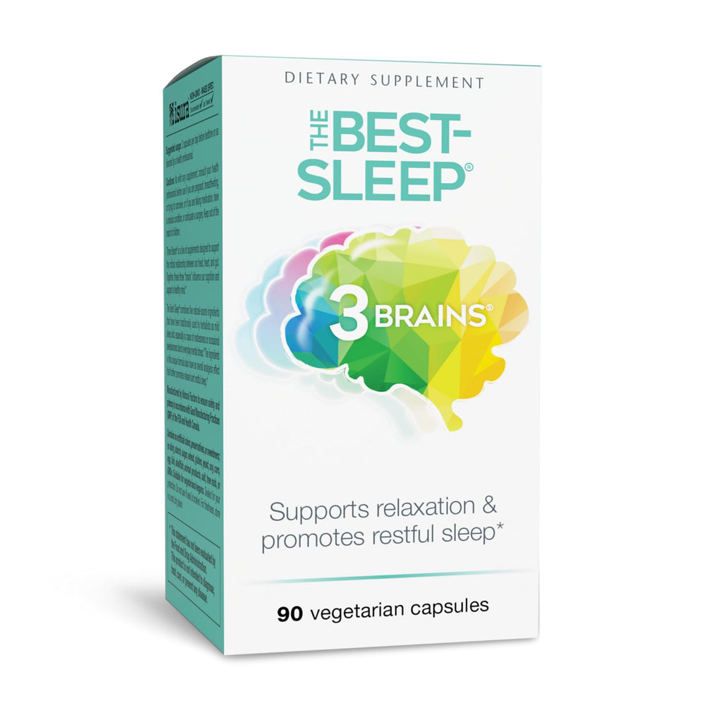 Natural Factors 3 Brains Best-Sleep bottle close-up highlighting a sleep-support formula for calm evenings