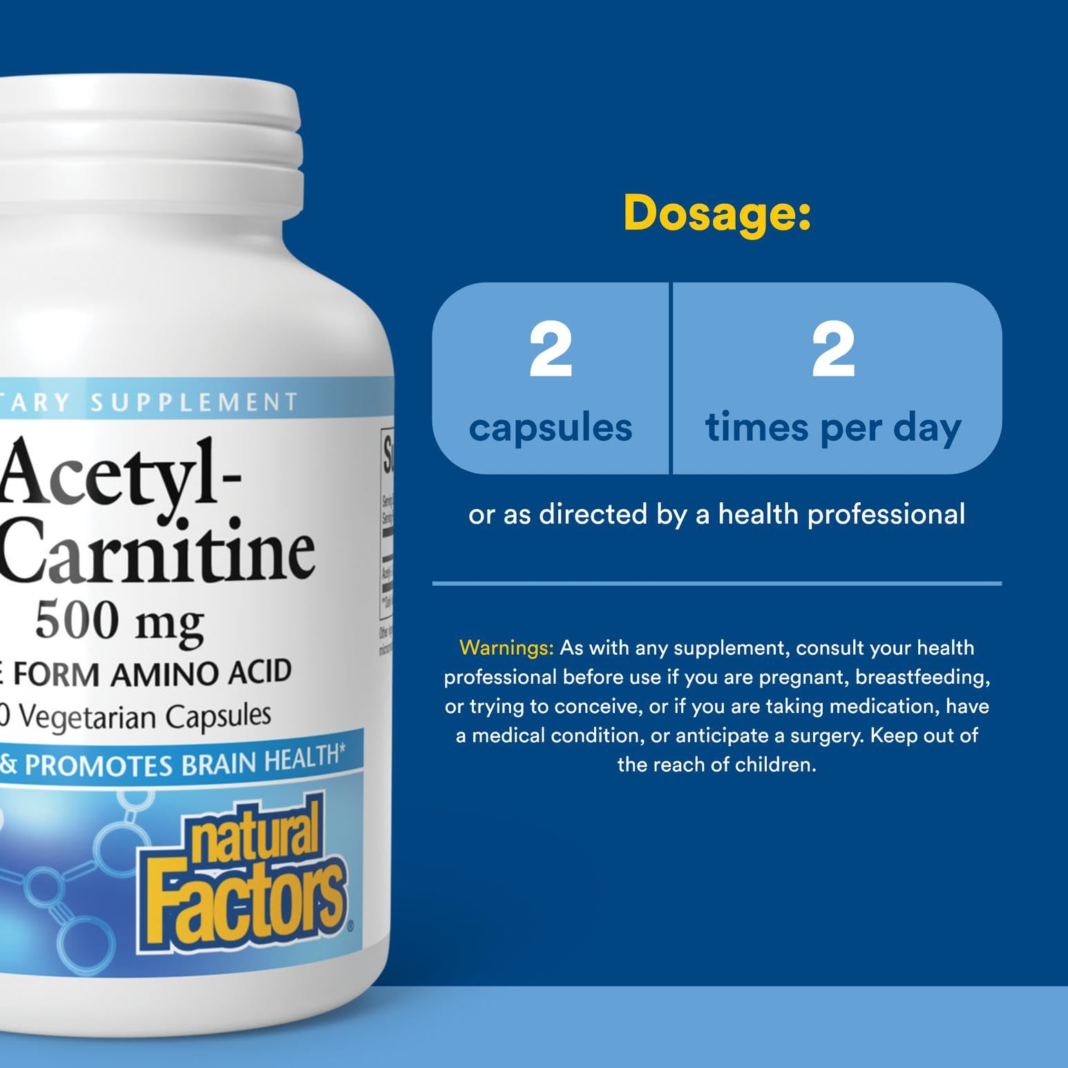 Natural Factors Acetyl L-Carnitine 500 mg label close-up highlights purity and potency.