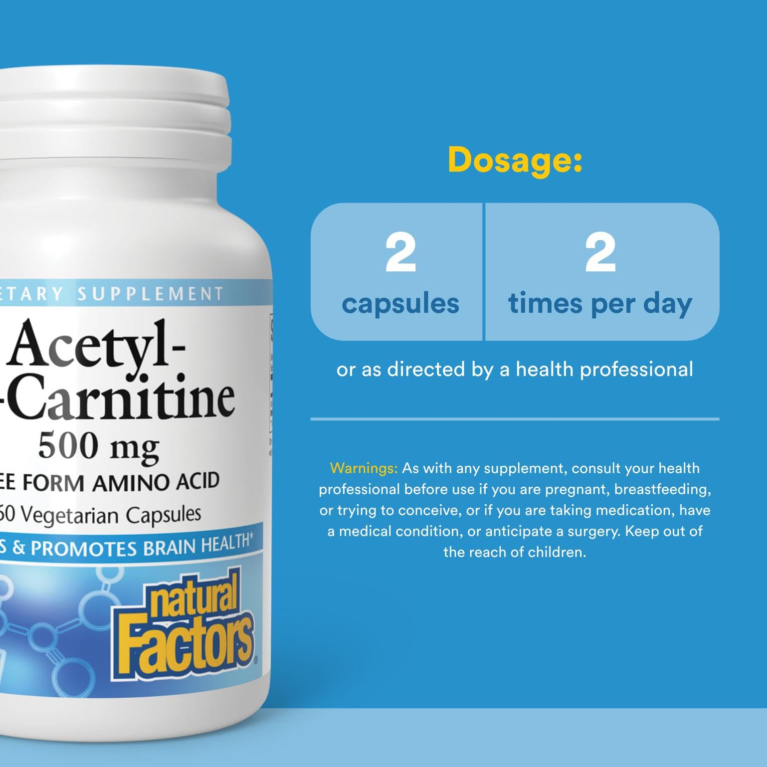 Natural Factors Acetyl-L-Carnitine bottle label detail provides clear ingredient information