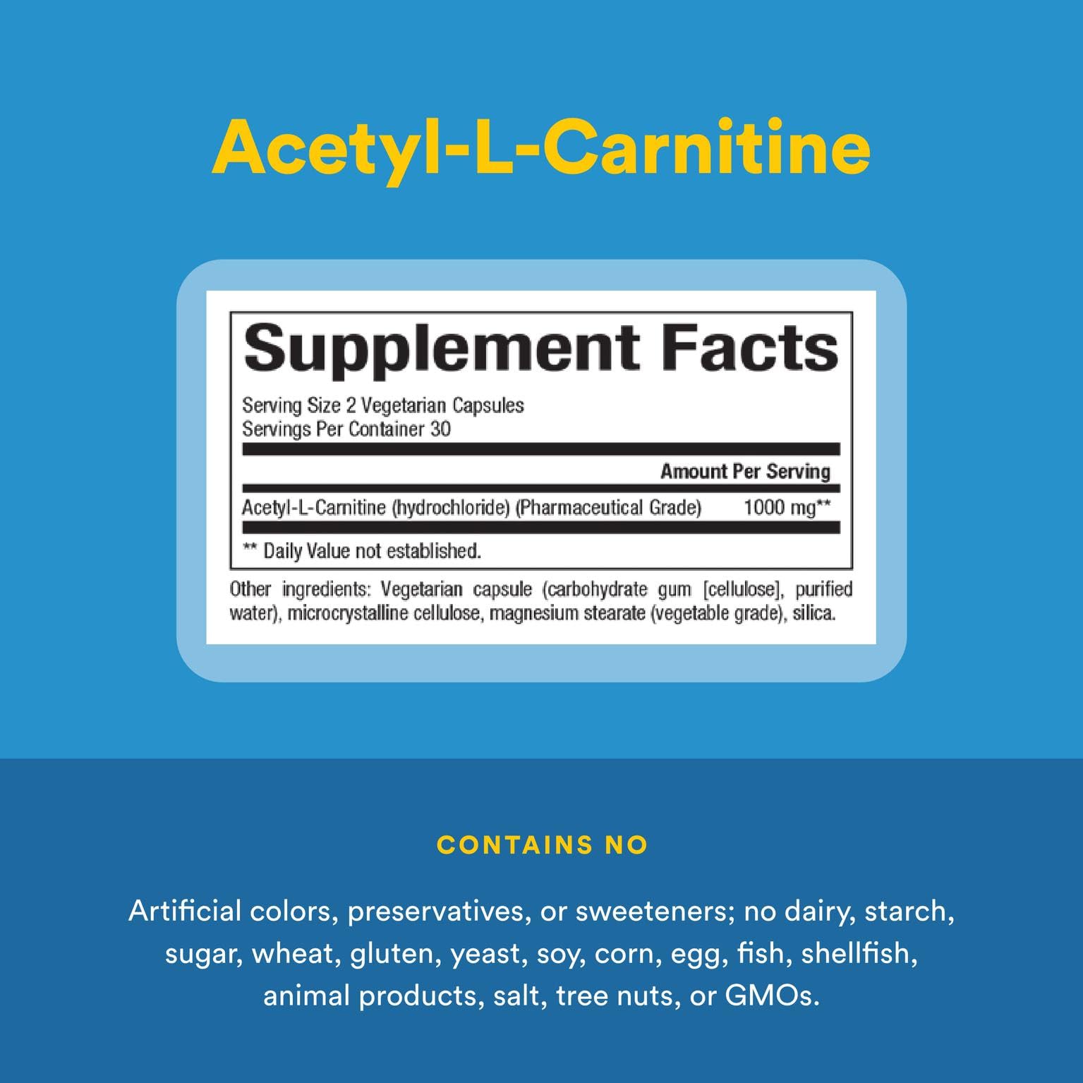 Natural Factors Acetyl-L-Carnitine ingredient panel emphasizes non-GMO and organic sourcing