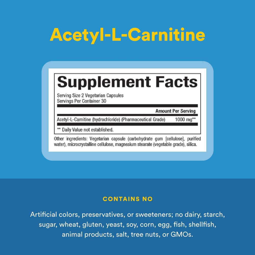 Natural Factors Acetyl-L-Carnitine ingredient panel emphasizes non-GMO and organic sourcing