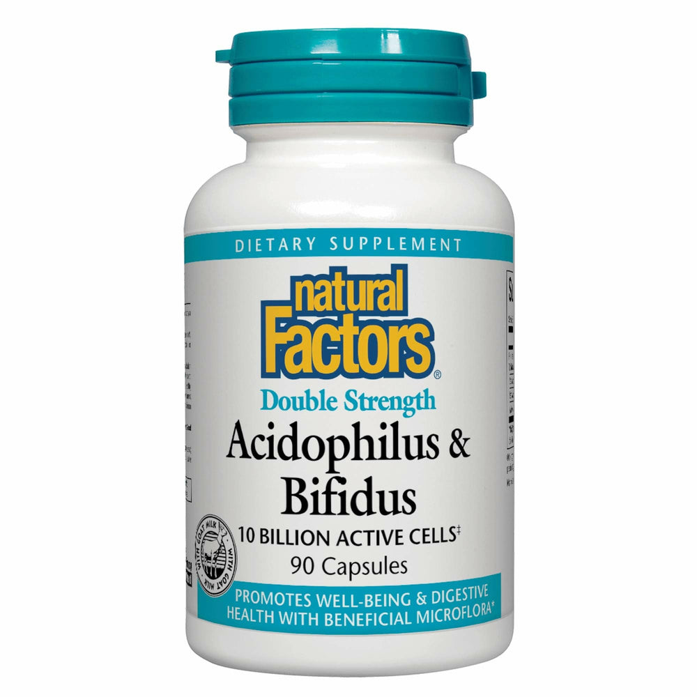 Natural Factors Acidophilus & Bifidus bottle highlighting double-strength probiotic formula.