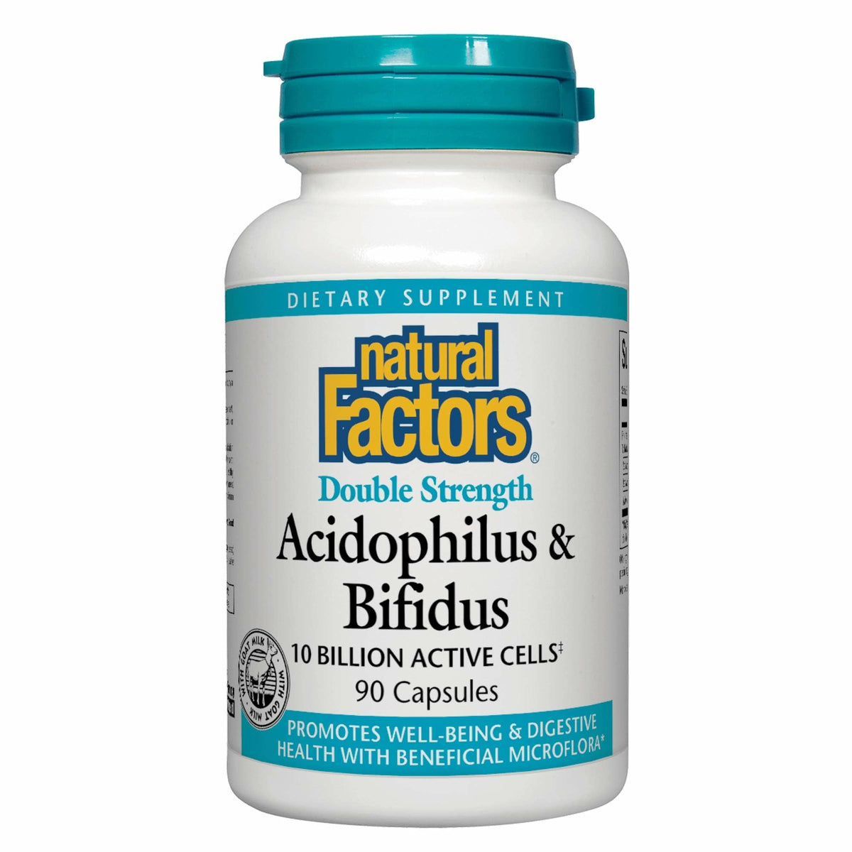 Natural Factors Acidophilus & Bifidus bottle highlighting double-strength probiotic formula.