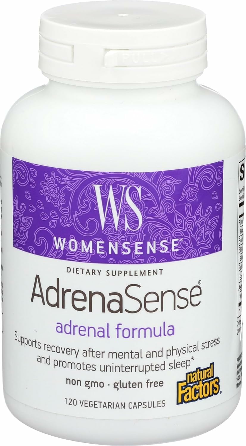 Natural Factors AdrenaSense bottle label showing vegan, non-GMO adrenal support.