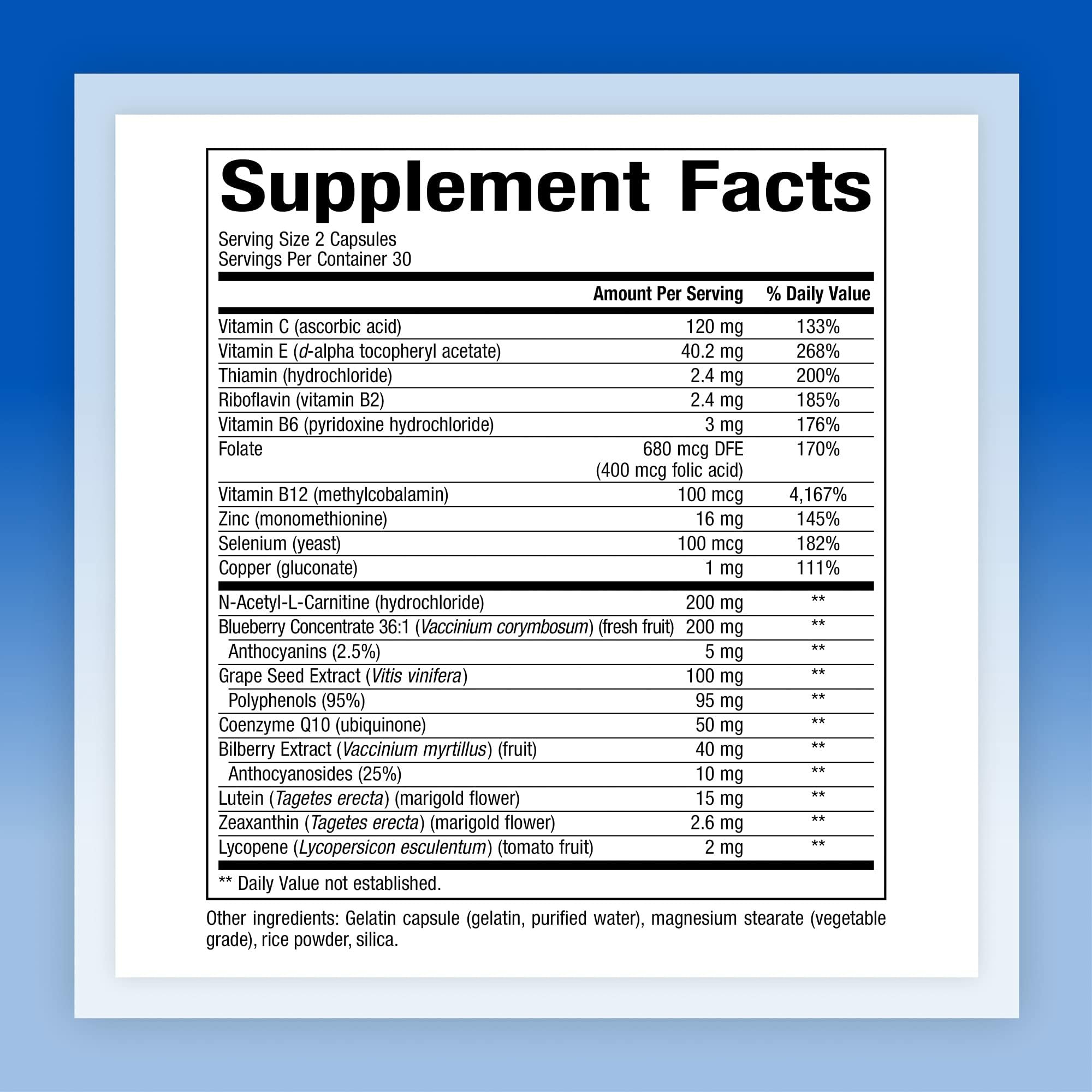 Natural Factors Advanced Eye Factors capsules close-up showing lutein and zeaxanthin.