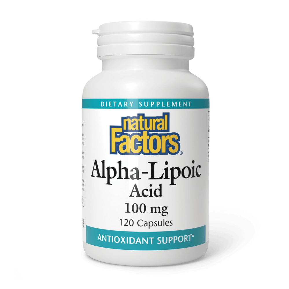 Natural Factors Alpha-Lipoic Acid 100mg bottle on table for antioxidant protection.