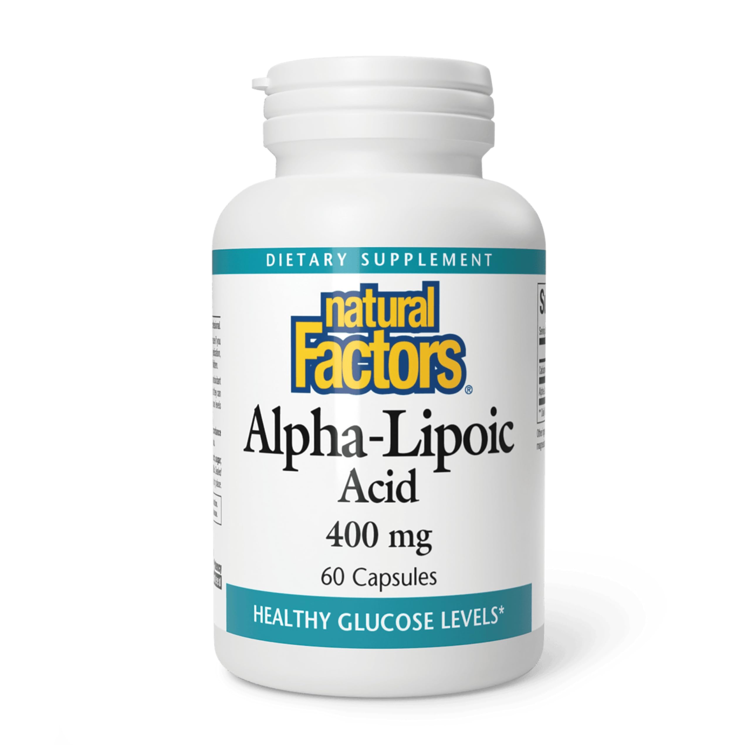 Natural Factors Alpha-Lipoic Acid 400 mg bottle promotes antioxidant support.