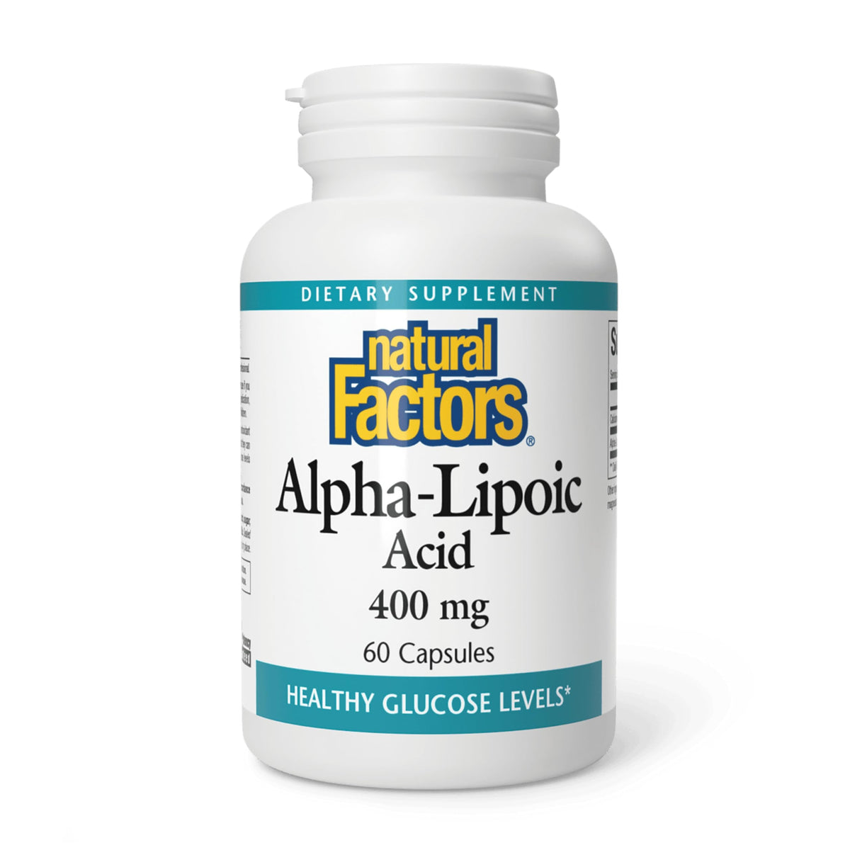 Natural Factors Alpha-Lipoic Acid 400 mg bottle promotes antioxidant support.